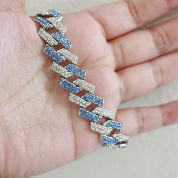 14mm 8inches Cuban Ice Point Curb Diamond Chain Blue/Silver with Rhinestone - Picture 2 of 4